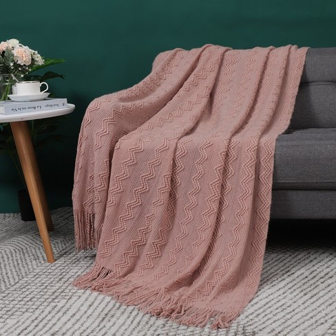 Piccocasa Wavy Pattern Decorative Knit With Tassels Throw Blanket Pink ...