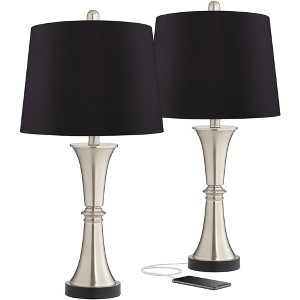 360 Lighting Seymore Modern Table Lamps 26" High Set of 2 Silver with USB Charging Port LED Touch On Off Black Faux Silk Drum Shade for Bedroom Desk - 1 of 4