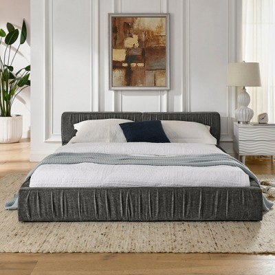 Chenille Grounded Bed Frame with Thickness Headboard, Pleated Design Upholstered Bed with Solid Wood Frame for Bedroom, No Box Spring Needed