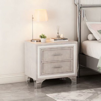 Homy Casa 2-Drawer Nightstand with Silver Trim and Metal Legs, Bedside Table for Bedroom, Beige