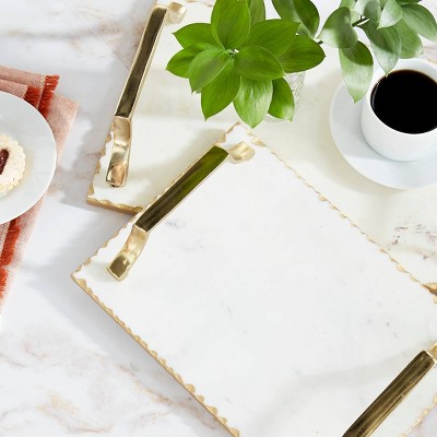 Gold and White Ceramic Rectangular Tray Set with Metal Handles