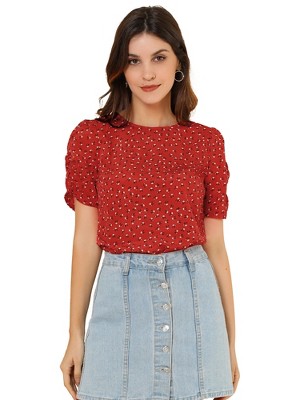 INSPIRE CHIC Women's Floral Summer Crew Neck Casual Shirred Short Sleeve Blouse