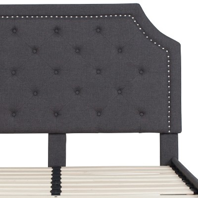 Transitional Full Platform Bed with Tufted Upholstery and Nailhead Trim in Dark Gray