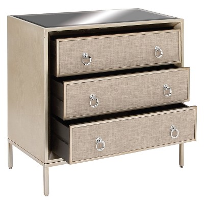 Beige Upholstered 3 Drawer Chest with Mirrored Top and Ring Handles