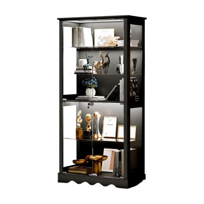 GlasFlength Decorative Storage Cabinets Accent Cabinet Curio Display Cabinet Cabinet 5 Tier Display Shelf for Collect, Black, 31.5"*15.75"*70.87"