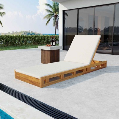 Patio Slatted Ergonomic Chaise Lounge, Chaise Lounge with Adjustable Backrest, Acacia Wood Frame Chaise Lounge with Cushion-Coolbibila