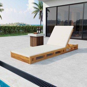 Patio Slatted Ergonomic Chaise Lounge, Chaise Lounge with Adjustable Backrest, Acacia Wood Frame Chaise Lounge with Cushion-Coolbibila - 1 of 4