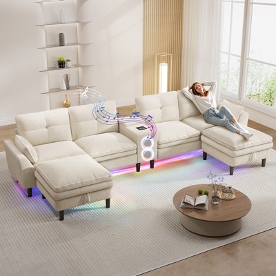 Vipbear 115"Modern Cloud Couch Sectional Sofa with Bluetooth Speaker & USB Charger,LED Light, Storage Ottomans,Comfy Boucle U-Shaped Sectional Couches