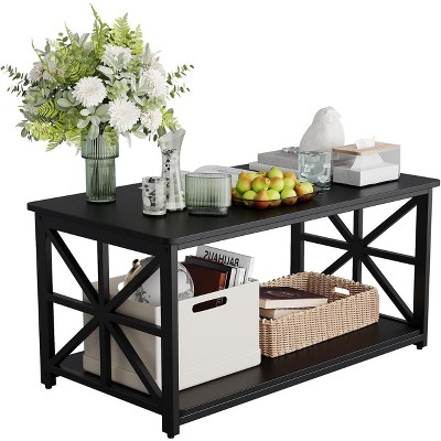 Homhougo 2-Tier Center Table Living Room Coffee Table, Coffee Tables for Living Room with X-Shaped Sturdy Frame, Easy Assembly