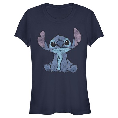 Juniors Womens Lilo & Stitch Distressed And Fluffy T-shirt - Navy Blue ...