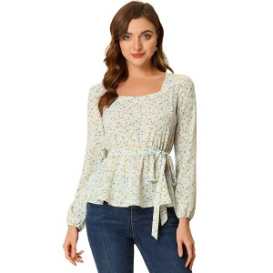 Allegra K Women's Floral Long Sleeve Sweetheart Neck Peplum Blouse with Belt - 1 of 4