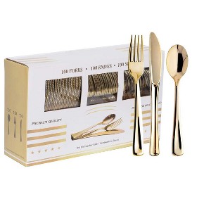 Itopfox 300PCS Gold Plastic Silverware Set, Heavy Duty Disposable Flatware Dinnerware, 100 Forks, 100 Spoons 100 Knives for Party, Wedding, Daily Use - 1 of 4