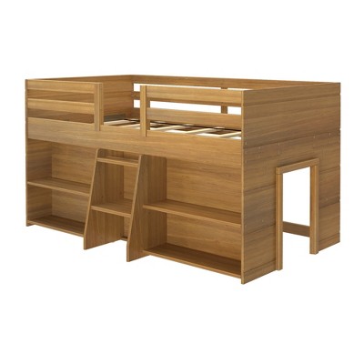 Pine Twin Loft Bed with Bookcases and Ladder
