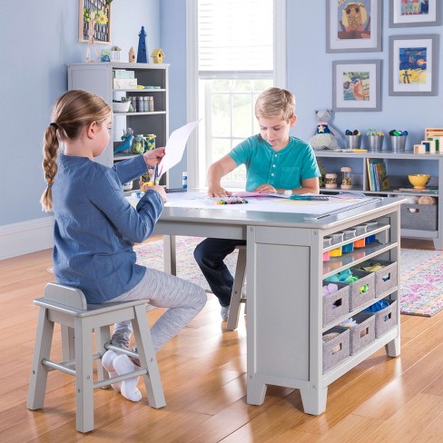 Kids Art Table and 2 Chairs, Wooden Drawing Desk, Activity