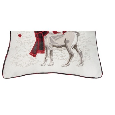 18" x 18" White and Red Embroidered Deer Christmas Pillow