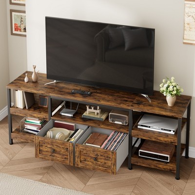 Industrial TV Stand with 2 Drawers, Entertainment Center, Rustic Media Console with Storage Shelves, Open Design