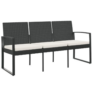 vidaXL 3-Seater Patio Bench with Cushion, Black PP Rattan - 1 of 4