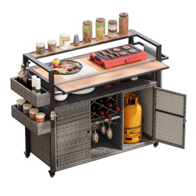 AZL1 Life Concept Utility Storage Bins Wicker Kitchen Island on Wheels for Patio Backyard Garden Poolside Double Handle, Grey, 52.8"*28.3"*41.5"
