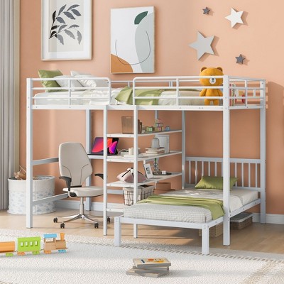 NicBex Full over Twin Bunk Bed with Desk Metal Frame Bed Frame with Storage Racks, Ladder and Guardrails, No Box Spring Required