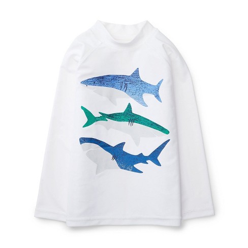 Hope & Henry Boys' White with Shark Print Rash Guard Containing Recycled Fibers, Toddler - image 1 of 4