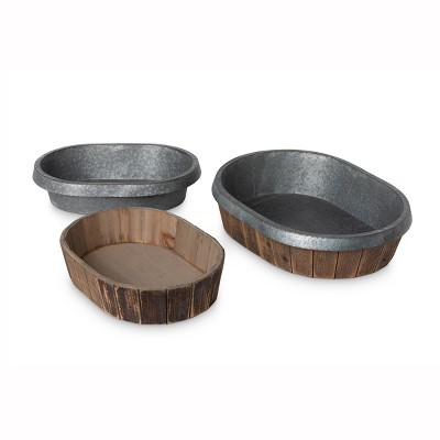 Rustic Brown and Gray Wood and Galvanized Metal Oval Planter Set