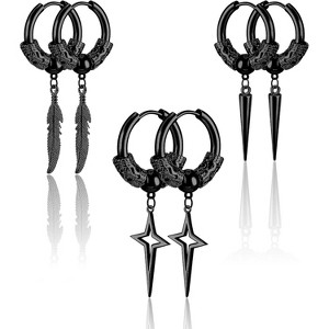 3 Pairs Surgical Steel Hoop Earrings for Men | Spike/Feather/Cross Charms Set - 1 of 4