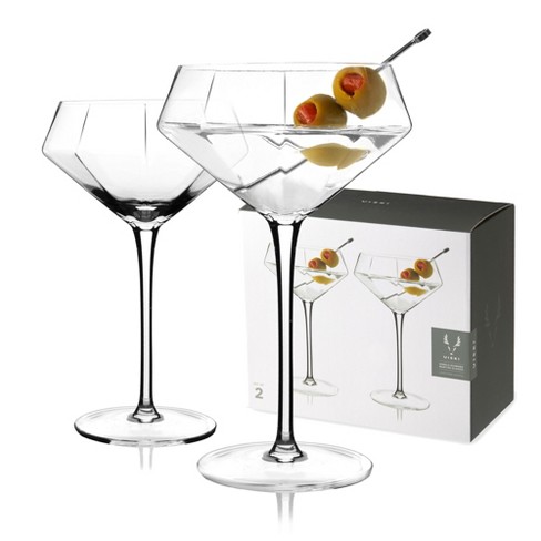 Viski Seneca Diamond Martini Glasses - Faceted Crystal Martini Glasses  Stemmed Cocktail Glassware - 11 Oz Martini Glasses Set of 2, Clear