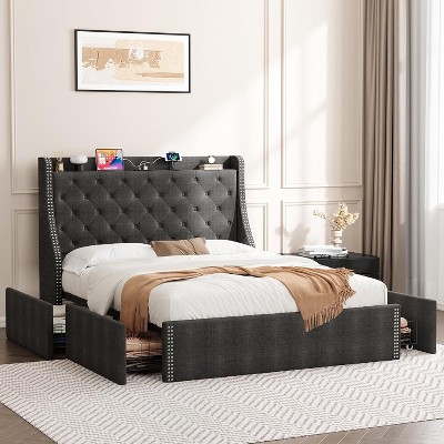 Upholstered Bed Frame with Tufted Wingback Headboard – Elegant, Noise-Free Design, Easy Assembly in Blue