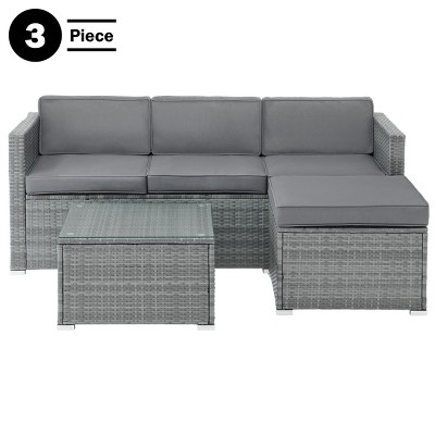 Gray 3-Piece Rattan Outdoor Sofa Set with Cushioned Ottoman and Glass-Top Table