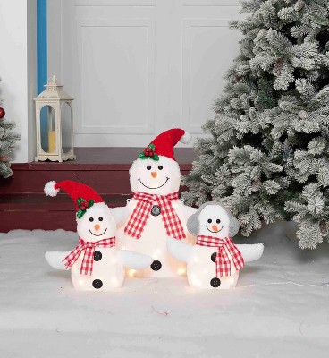 Prelit White Plush Snowman Family Winter Sculpture Set