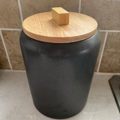 Large Stoneware Tilley Food Storage Canister With Wood Lid Black