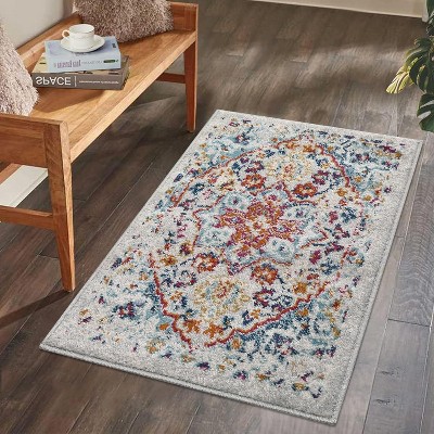 Acekool Area Rug Vintage Medallion Plush Non-Shedding Low Pile Stain Resistant Non Slip Accent Carpet for Living Room Bedroom
