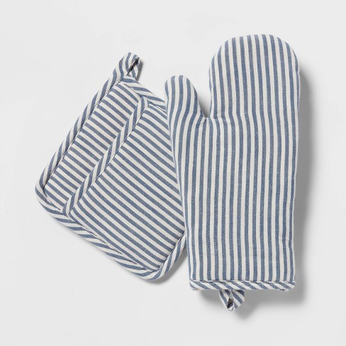 2pc Cotton Striped Oven Mitt and Pot Holder Set Blue - Threshold™