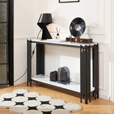NicBex Console Table with Faux Marbling Shelves,Entryway Table with Adjustable Feet,Modern Couch Table for Living Room,Black
