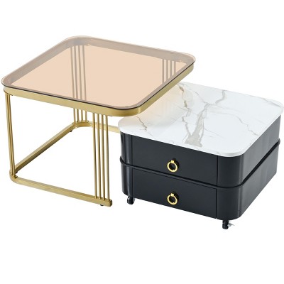 NicBex Set of 2 Tempered Glass Coffee Table Center Nesting Tables with Drawers for Living Room