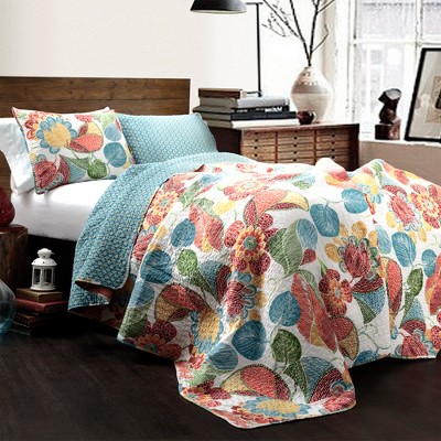 3pc Full/Queen Peacock Garden Quilt & Sham Set Blue/Orange - Dena Home