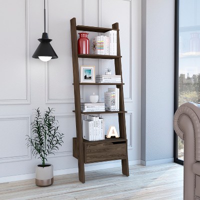 TOAOTBNBO Leaning-Ladder Bookshelves, Five Open Stroage Bookcase with 1 Drawer Wood Standing Book Shelf for Home Office, Brown