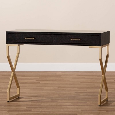 Carville Gold-Finished Metal & Dark Brown Faux Leather Console Table with Glass Top