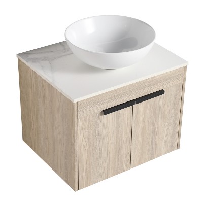 Vynxaria 24 in. Single Elevated White Oak Plywood Bath Vanity with White Slate Basin Top KD-PACKING Ready to Assemble