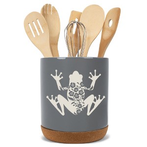 Elanze Designs Floral Frog Flowers Arrangement Toad Ceramic Cork Bottom Gray Large Capacity Utensil Holder Crock for Countertop Storage, Stylish & - 1 of 4