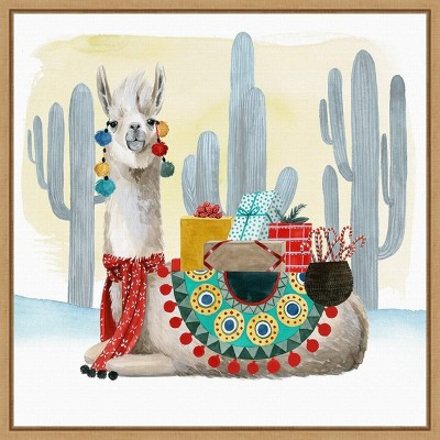 16" x 16" Boho Christmas I Llama Cactus by Grace Popp Framed Canvas Wall Art - Amanti Art