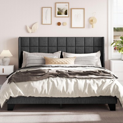Allewie Platform Bed Frame with Wingback, Fabric Upholstered Square Stitched Headboard and Wooden Slats, Mattress Foundation, Box Spring Optional, Easy Assembly
