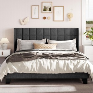 Allewie Platform Bed Frame with Wingback, Fabric Upholstered Square Stitched Headboard and Wooden Slats, Mattress Foundation, Box Spring Optional, Easy Assembly - 1 of 4
