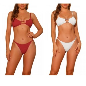 Elerevyo Women's 2 Piece Ribbed Solid Color Bikini Sets, Spaghetti Strap Backless Swimwear Bathing Suit Swimsuit 2 Sets - 1 of 4