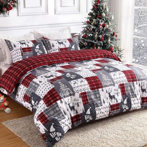 Christmas Duvet Cover, Reversible Printed Comforter Covers Set Holiday Decorative Bedding, Soft Microfiber Red Duvet + 1 Pillow Sham Plaid - 1 of 4