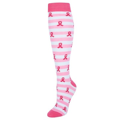 CTM Women's Knee High Breast Cancer Awareness Striped Socks (1 Pair)