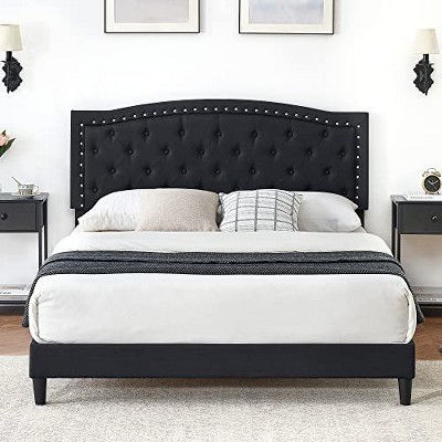 Full Bed Frame with Adjustable Headboard, Platform Bed Frame with Button-Tufted Headboard