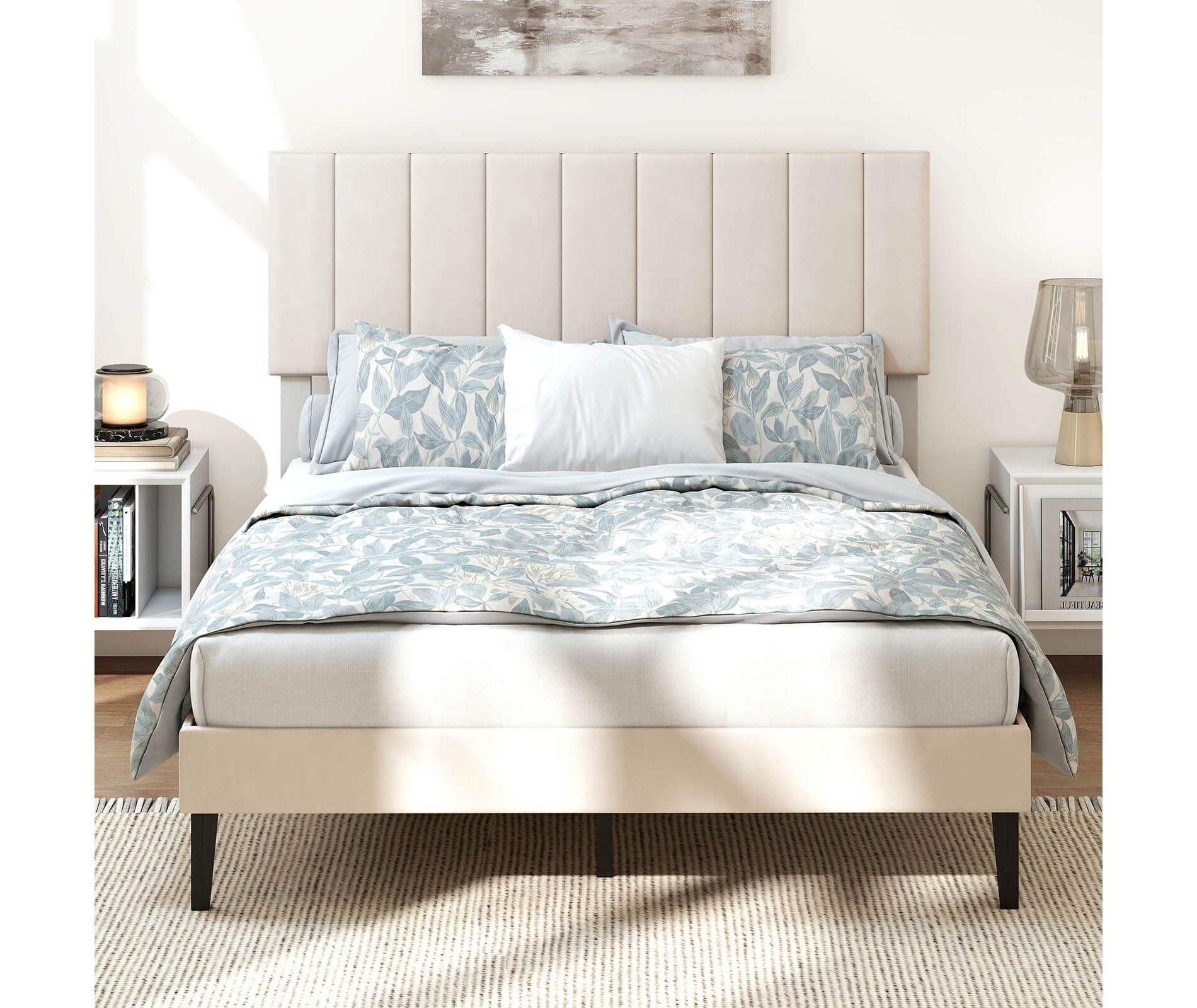 Costway Twin/Full/Queen Size Velvet Bed Frame,Upholstered Platform Bed with Adjustable Headboard Beige/Gray