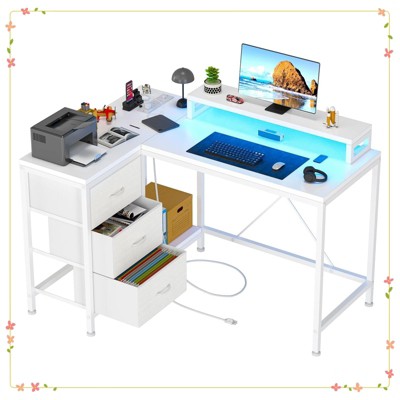 L-Shaped Computer Desk with 4 Power Outlets, 2 USB Ports, 7-Color LED Lights