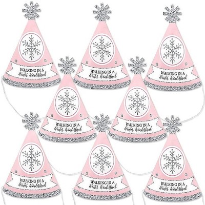 Big Dot of Happiness Pink Winter Wonderland - Mini Cone Holiday Snowflake Birthday Party or Baby Shower Hats - Small Little Party Hats - Set of 8